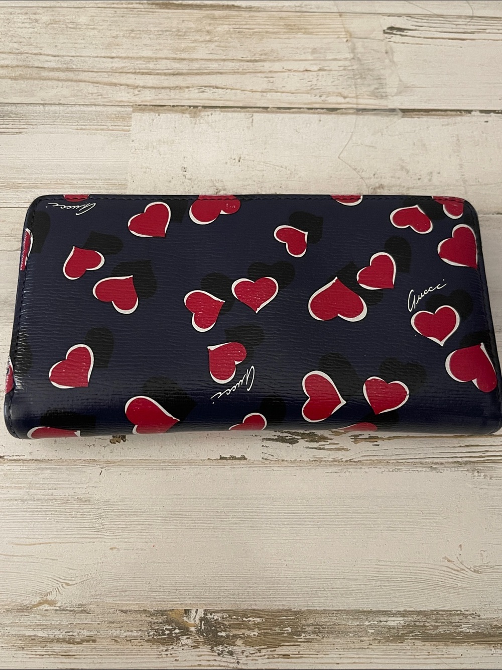 Gucci Betty Heart Print Zip Around Continental Wallet Navy Leather